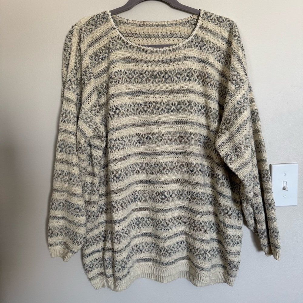 Vintage Cream and Brown Print Stripe Crew Neck Oversized 90s Y2K Sweater Size XL